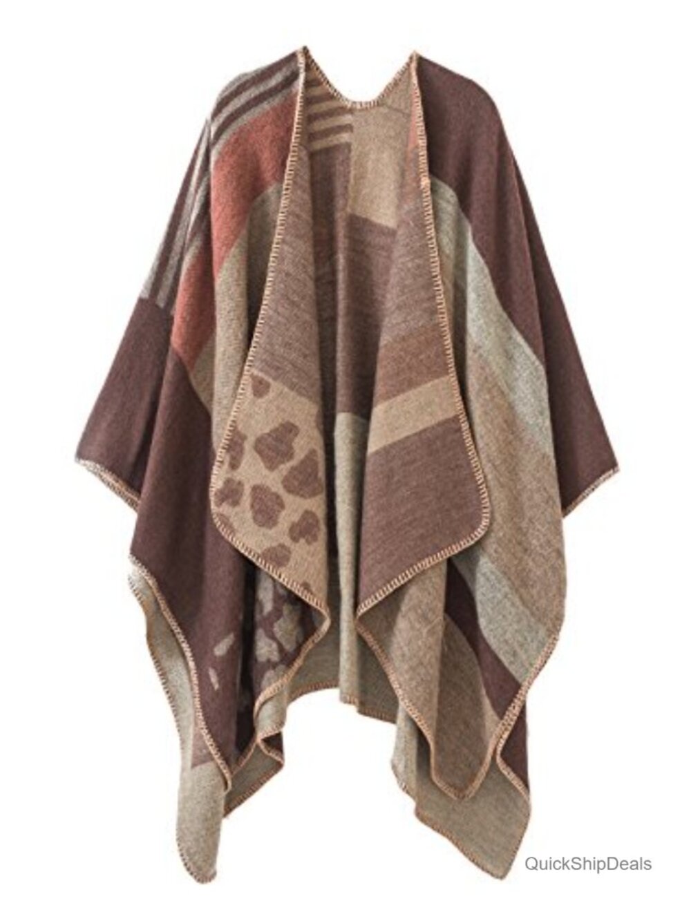Women's Color Block Open Front Poncho Shawl Wrap Cape Ruana